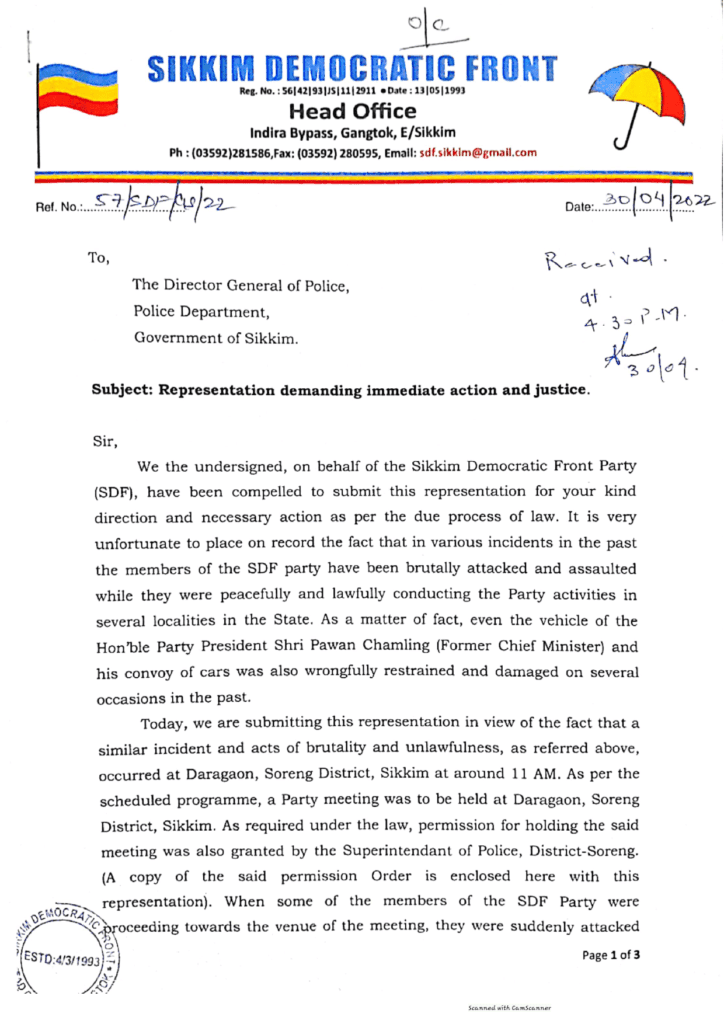 SDF submit a representation for immediate investigation of brutal attacks on their party workers 2 page 001 Sikkim Breaking News | News From Sikkim