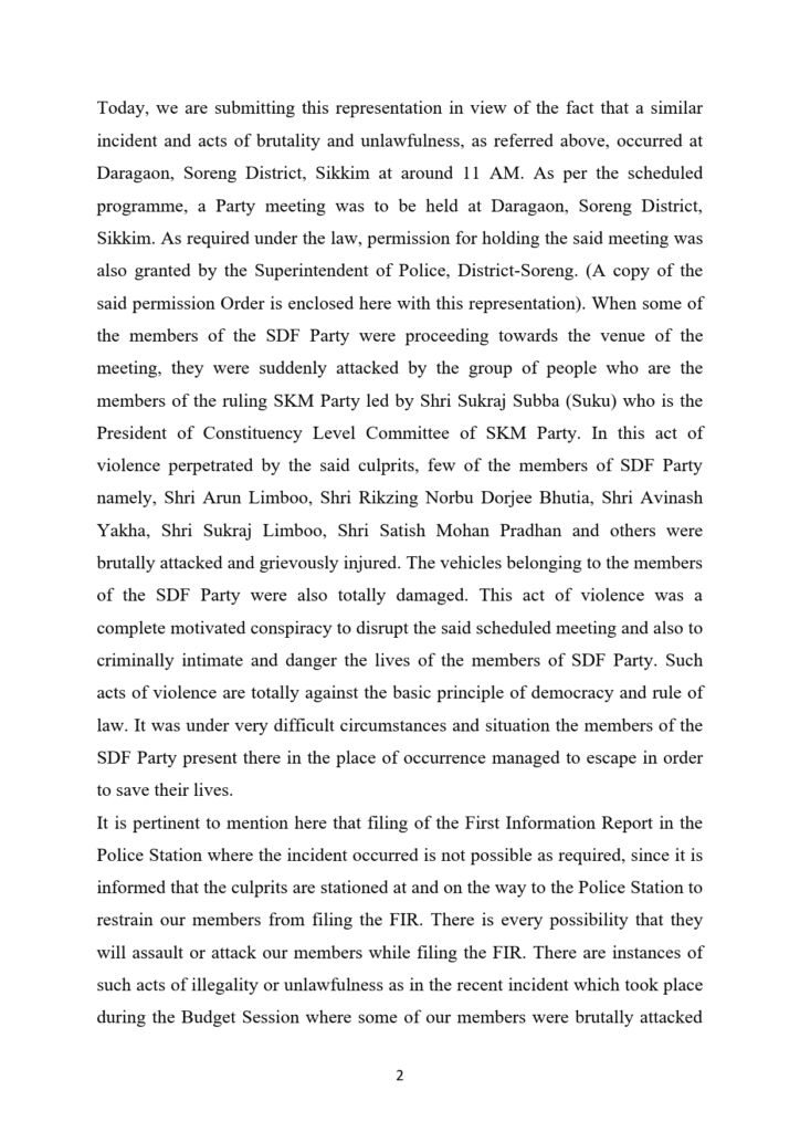 SDF submit a representation for immediate investigation of brutal attacks on their party workers 3 page 002 Sikkim Breaking News | News From Sikkim