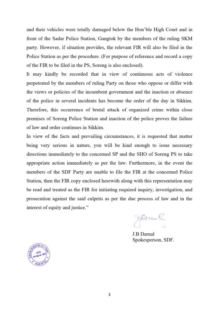 SDF submit a representation for immediate investigation of brutal attacks on their party workers 4 page 003 Sikkim Breaking News | News From Sikkim
